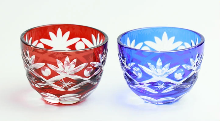 切子細工お猪口ペアセット※レッド×コバルトブルー
